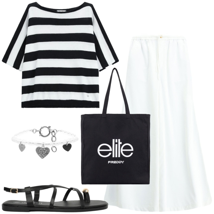 Outfit donna - Total look #2429881. Stile Casual per Tutti i giorni. Abbinamento con sandali, pantaloni a palazzo, top, braccialetti, shopping bag.