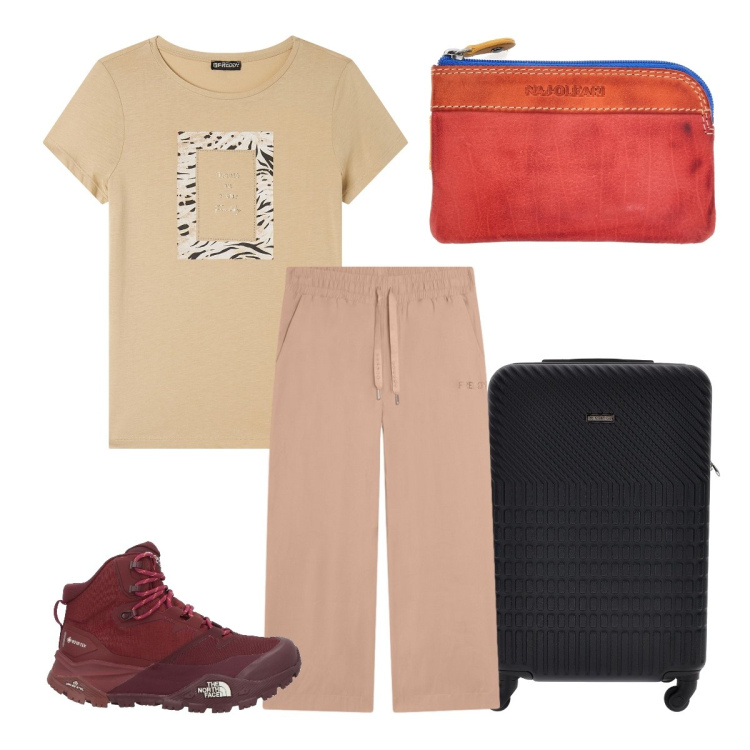 Outfit donna - Pantaloni Sporty. Stile Casual per Tutti i giorni. Abbinamento con stivaletti, t-shirt, pantaloni, portachiavi, valigie.