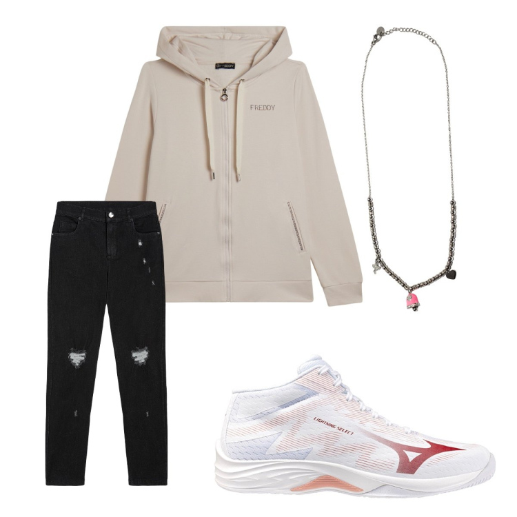 Outfit donna - Felpa Sporty. Stile Urban per Scuola/Università. Abbinamento con jeans skinny, ciondoli, felpe con cappuccio, sneakers.
