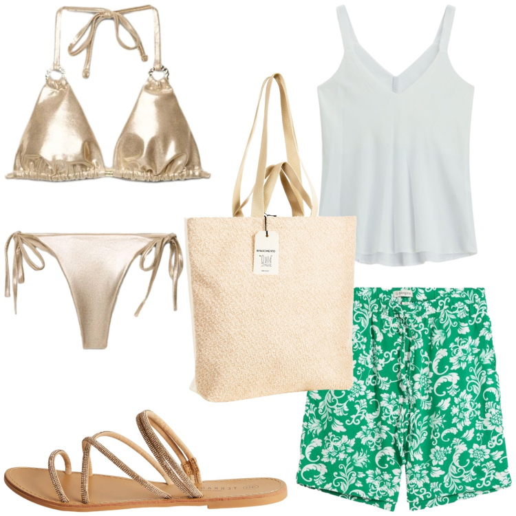 Outfit donna - Total look #2429884. Stile Casual chic per Mare. Abbinamento con shorts, sandali, bikini, bikini, borse tote, top.