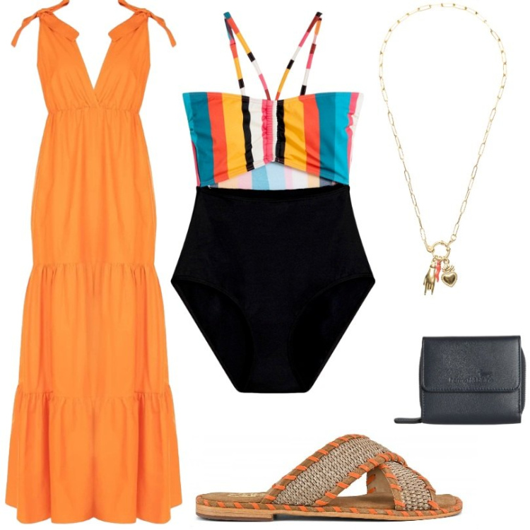 Outfit donna - Festa in spiaggia. Stile Trendy per Mare. Abbinamento con costumi interi, portafogli, vestiti lunghi, ciondoli, ciabatte.