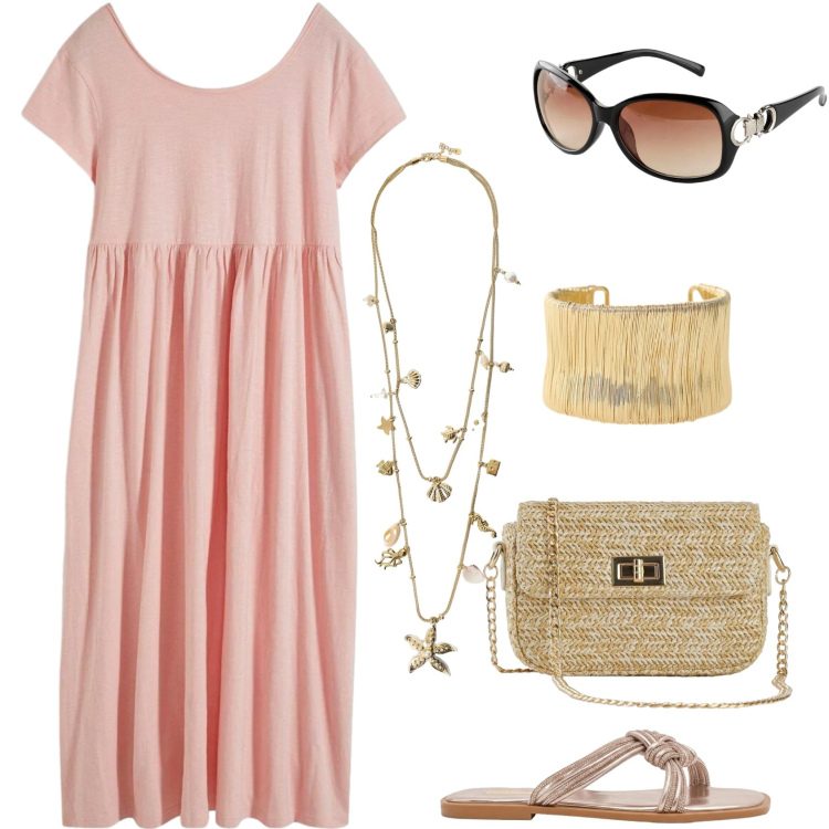 Outfit donna - Abiti fluidi d\'estate - Curvy. Stile Casual chic per Tutti i giorni. Abbinamento con vestiti midi/longuette, borse a tracolla, occhiali da sole, sandali, collane, braccialetti.