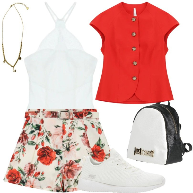 Outfit donna - Weekend. Stile Sporty chic per Tutti i giorni. Abbinamento con zaini, sneakers, top, blazer, shorts, ciondoli.