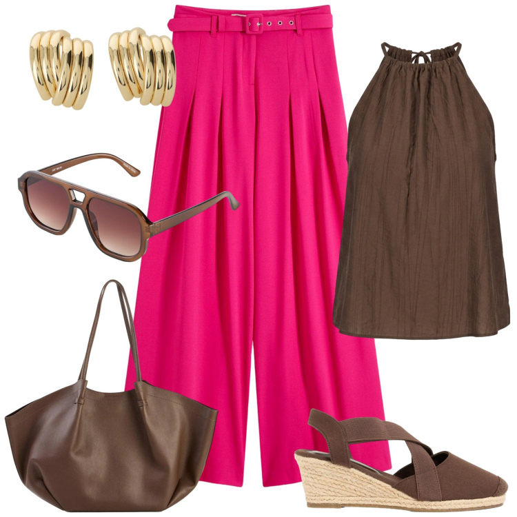 Outfit donna - Pantaloni bellissimi. Stile Glamour per Mare. Abbinamento con pantaloni, shopping bag, occhiali da sole, zeppe, orecchini, canottiere.