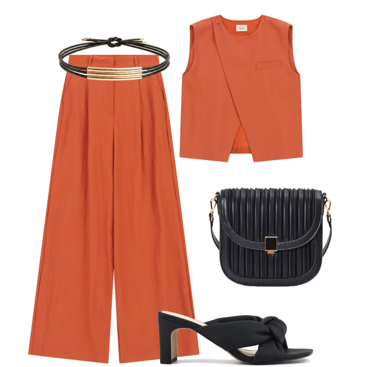 Outfit donna - Estate Ruggine H24. Stile Casual chic per Tutti i giorni. Abbinamento con top, borse a tracolla, gilet, pantaloni a palazzo, cinture, sandali col tacco.