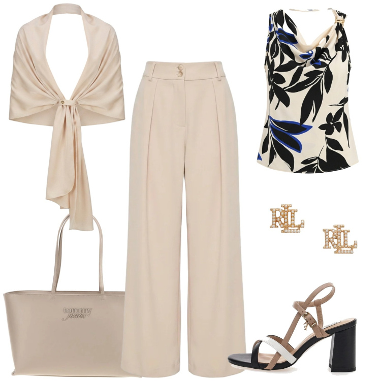 Outfit donna - Rinascimento - Eleganza d\'estate. Stile Chic per Cerimonia. Abbinamento con pantaloni a palazzo, canottiere, stole, orecchini, sandali col tacco, borse a spalla.