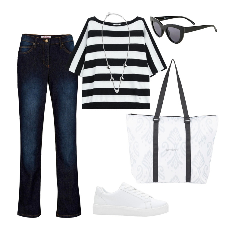 Outfit donna - Busy. Stile Casual per Tutti i giorni. Abbinamento con jeans dritti, sneakers, occhiali da sole, shopping bag, collane, top.