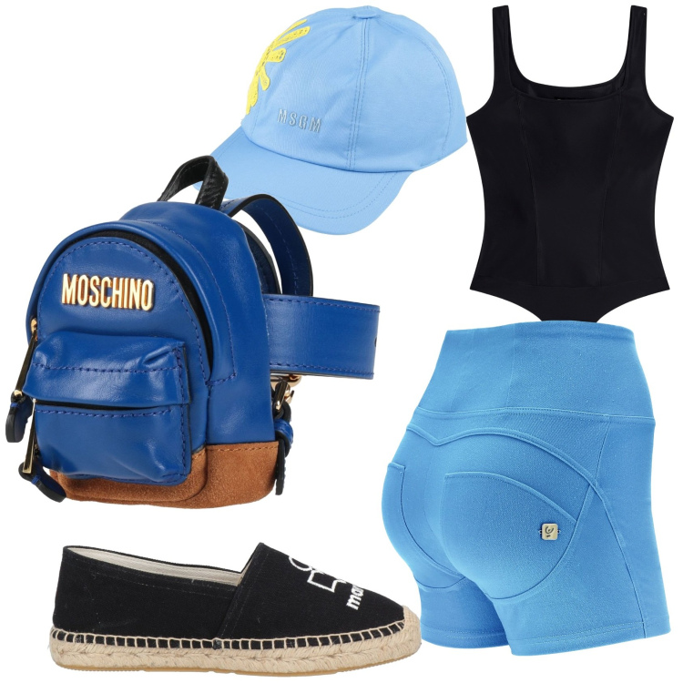 Outfit donna - Sporty chic Freddy. Stile Sporty chic per Tutti i giorni. Abbinamento con marsupi, espadrillas, cappelli con visiera, shorts, top.