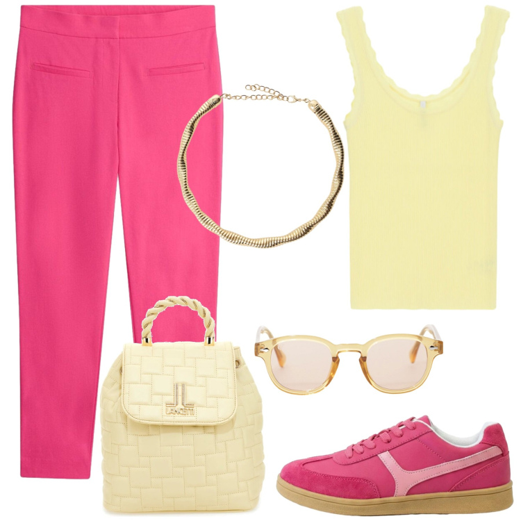 Outfit donna - Energia vitale. Stile Casual chic per Tutti i giorni. Abbinamento con sneakers, pantaloni, occhiali da sole, canottiere, collane, zaini.