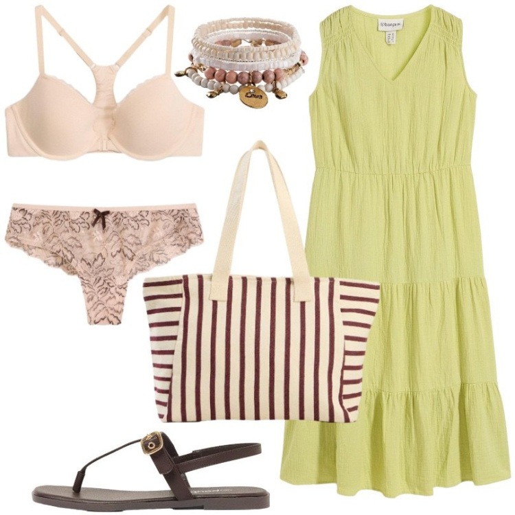 Outfit donna - Giorni caldi. Stile Boho per Tutti i giorni. Abbinamento con vestiti, sandali, culotte, shopping bag, braccialetti con ciondoli, reggiseni.