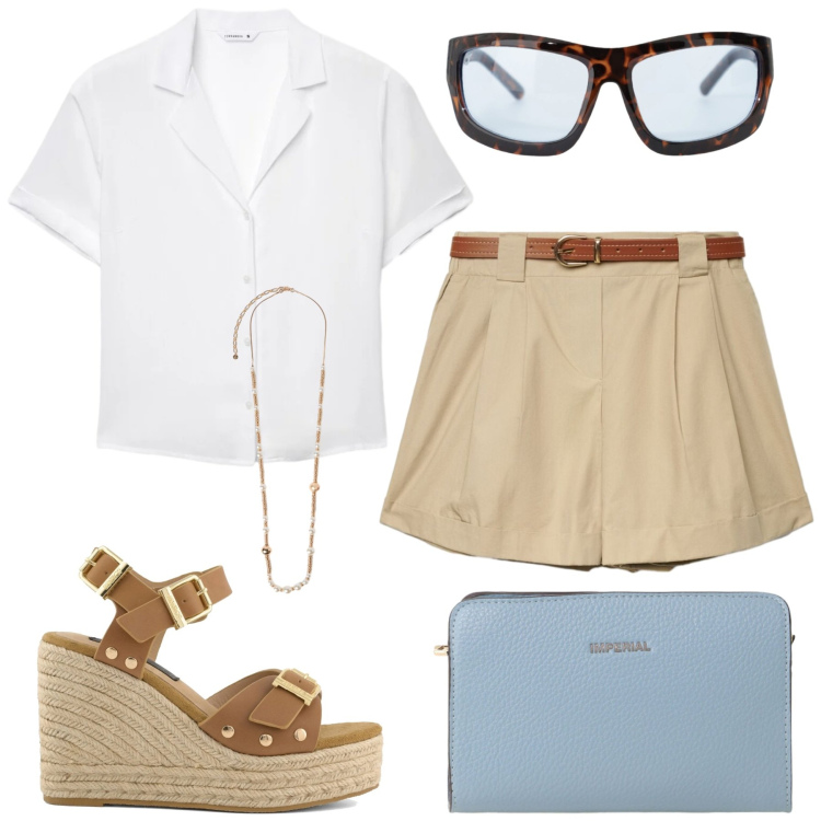 Outfit donna - Caldo in città. Stile Glamour per Tutti i giorni. Abbinamento con shorts, camicie a manica corta, borse a tracolla, occhiali da sole, collane, zeppe.