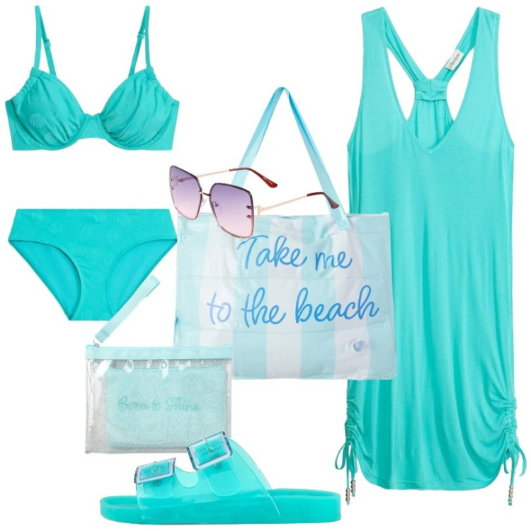 Outfit donna - Giorni caldi in piscina. Stile Trendy per Mare. Abbinamento con occhiali da sole, bikini, vestiti da spiaggia, borse tote, pochette, sandali.