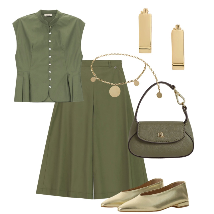 Outfit donna - Salvia e oro Summer Sale. Stile Trendy per Tutti i giorni. Abbinamento con ballerine, cinture, pantaloni a palazzo, camicie, borse a mano, orecchini.