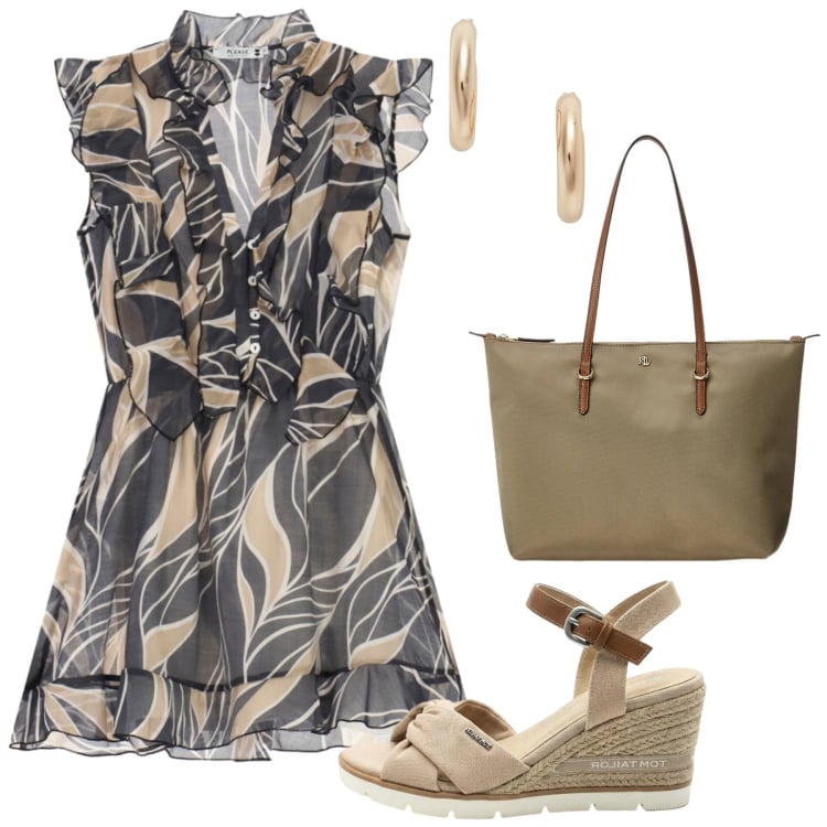 Outfit donna - Giornate calde in città. Stile Romantica per Tutti i giorni. Abbinamento con sandali col tacco, vestiti corti, borse tote, orecchini.