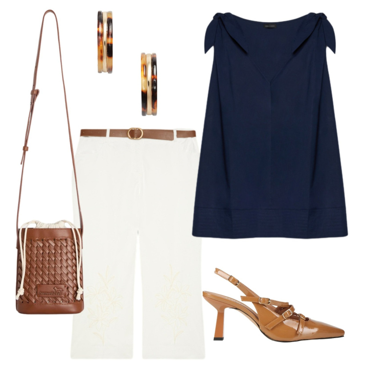 Outfit donna - Easy to wear. Stile Casual chic per Tutti i giorni. Abbinamento con décolleté, borse a secchiello, top, pantaloni, orecchini.