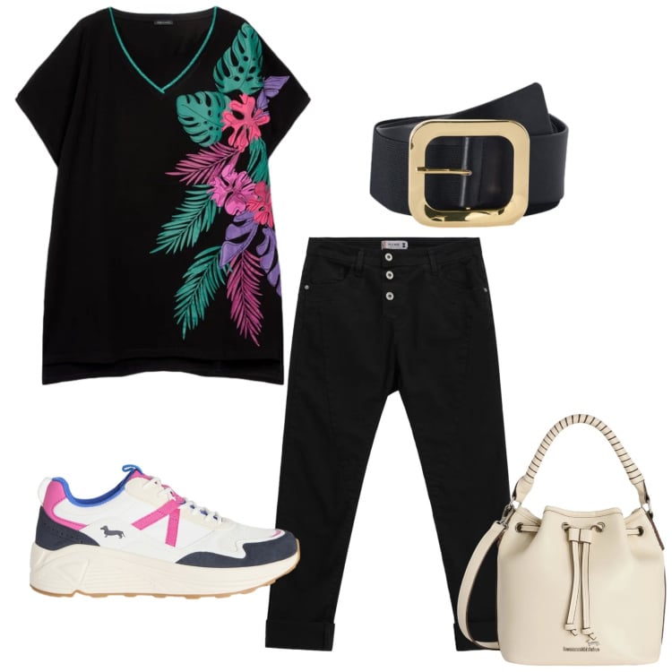 Outfit donna - Total look #2429913. Stile Basic per Tutti i giorni. Abbinamento con sneakers, borse a secchiello, t-shirt, cinture, pantaloni.