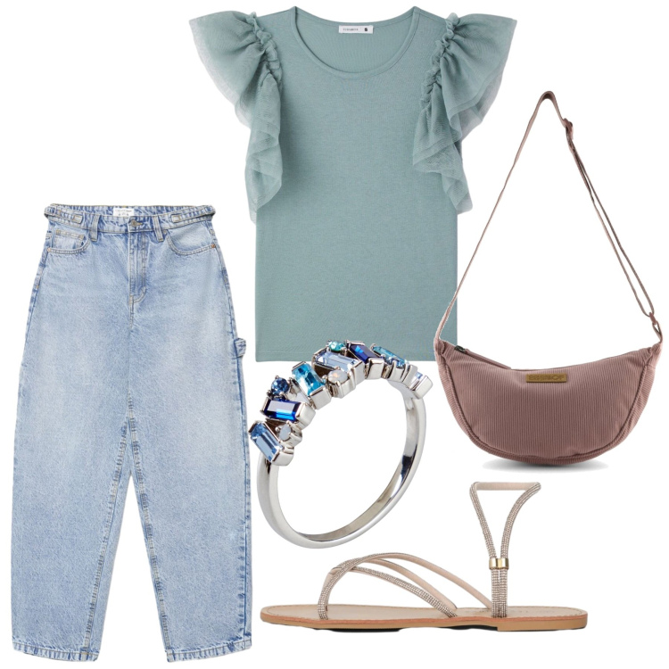 Outfit donna - Total look #2429915. Stile Basic per Tutti i giorni. Abbinamento con anelli, jeans, t-shirt, sandali, borse a tracolla.