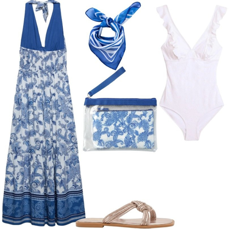 Outfit donna - Il foulard tra i capelli. Stile Boho per Tutti i giorni. Abbinamento con foulard, costumi interi, vestiti lunghi, pochette, sandali.