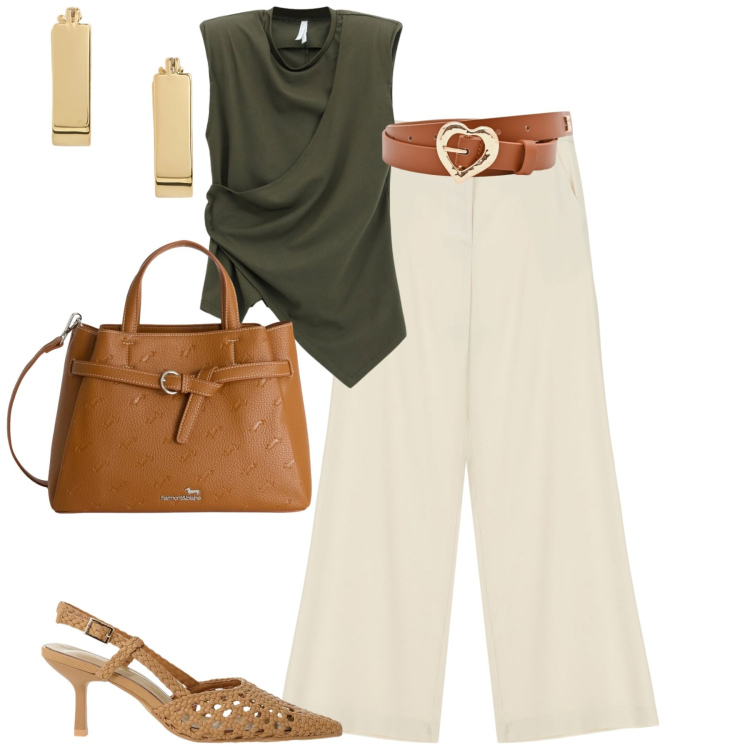 Outfit donna - Olive green and cream. Stile Casual chic per Tutti i giorni. Abbinamento con borse a mano, cinture, décolleté, top, pantaloni a palazzo, orecchini.
