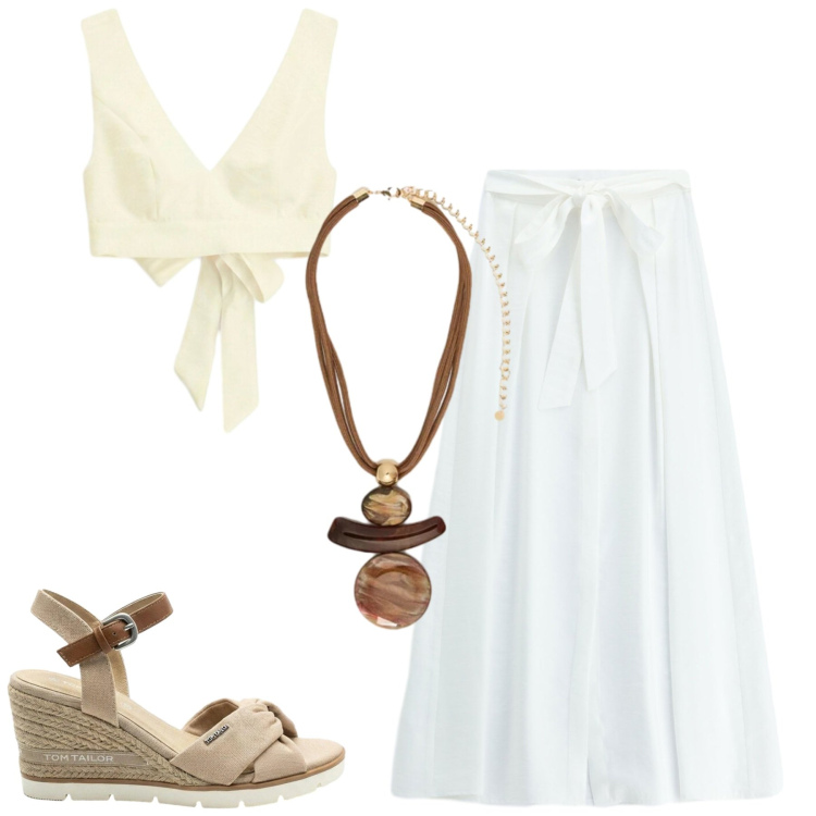 Outfit donna - Weeks al mare. Stile Casual chic per Mare. Abbinamento con sandali col tacco, gonne lunghe, top, ciondoli.