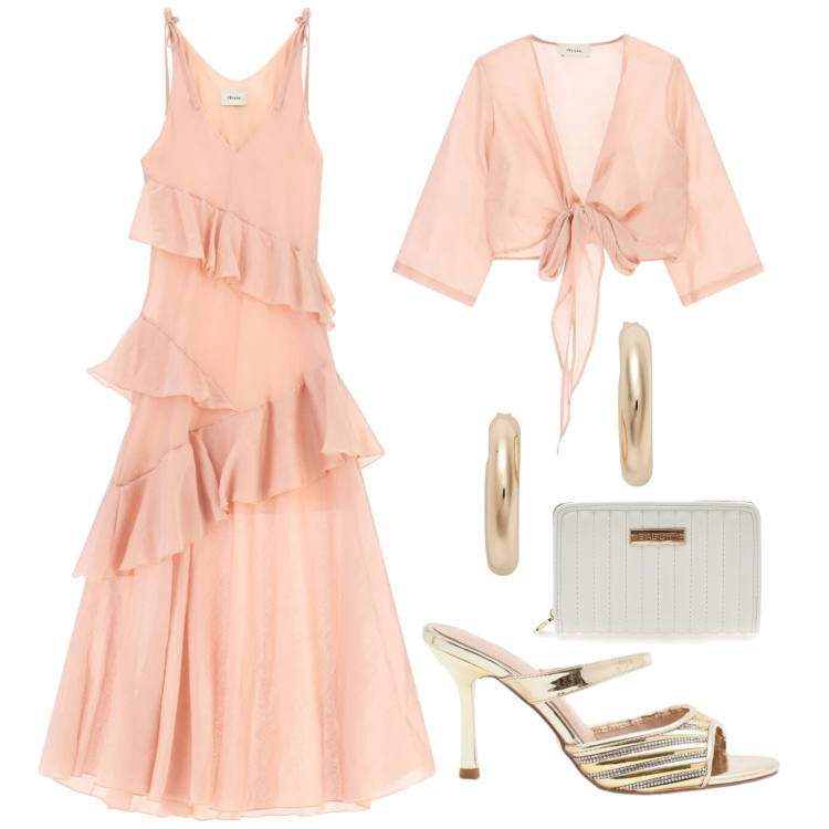 Outfit donna - Evento estivo watermelon pink. Stile Chic per Serata fuori. Abbinamento con sabot, vestiti lunghi, bluse, orecchini, portafogli.
