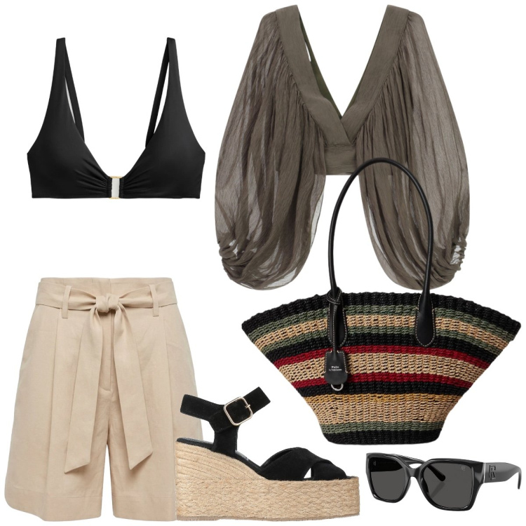Outfit donna - Total look #2429931. Stile Casual chic per Mare. Abbinamento con espadrillas, bermuda, top, occhiali da sole, bikini, borse tote.