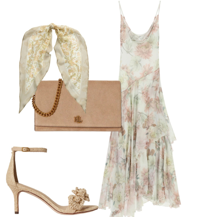 Outfit donna - Serata. Stile Chic per Serata fuori. Abbinamento con vestiti lunghi, foulard, borse a tracolla, sandali in pelle.