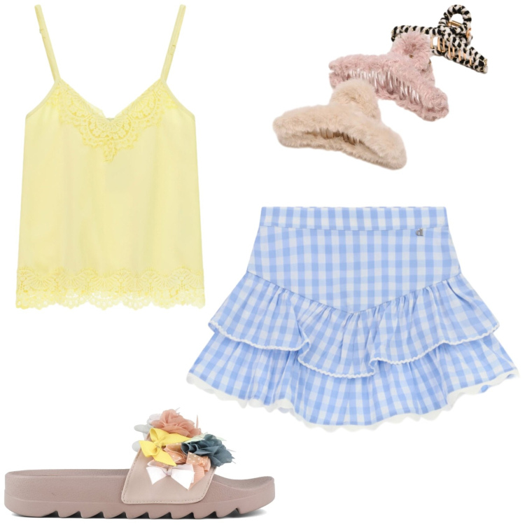 Outfit donna - Leggerezza d\'estate. Stile Trendy per Tutti i giorni. Abbinamento con top, minigonne, accessori per capelli, ciabatte.