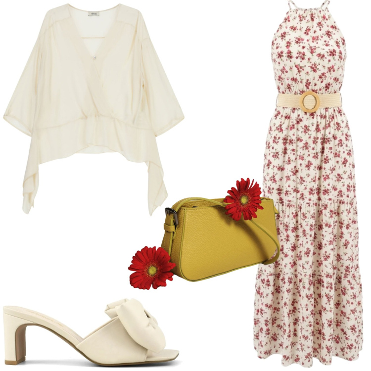 Outfit donna - Romantica in estate. Stile Romantica per Cerimonia. Abbinamento con camicie, borse a spalla, vestiti lunghi, sandali col tacco.