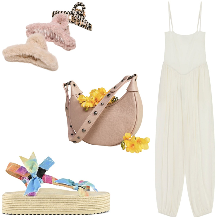 Outfit donna - L\'outfit fresco e vacanziero. Stile Casual chic per Serata fuori. Abbinamento con borse a spalla, tute, accessori per capelli, sandali.