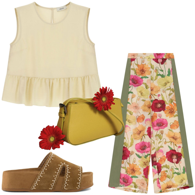 Outfit donna - Estate. Stile Trendy per Serata fuori. Abbinamento con borse a spalla, pantaloni a palazzo, top, zeppe.