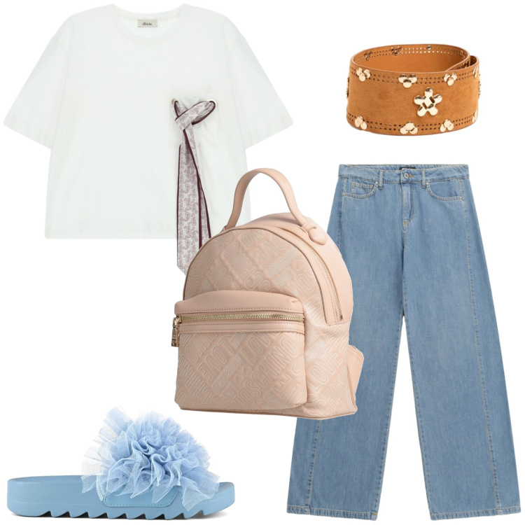 Outfit donna - Casual in estate. Stile Casual per Tutti i giorni. Abbinamento con zaini, t-shirt, jeans, cinture, ciabatte.