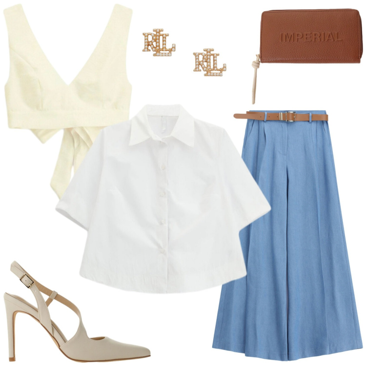 Outfit donna - Imperial - Italiano Summer. Stile Trendy per Tutti i giorni. Abbinamento con camicie a manica corta, décolleté, jeans, portafogli, top, orecchini.
