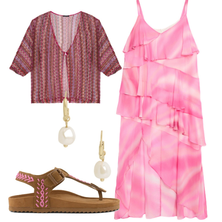 Outfit donna - Total look #2429949. Stile Casual per Tutti i giorni. Abbinamento con kimono, vestiti lunghi, orecchini, infradito.
