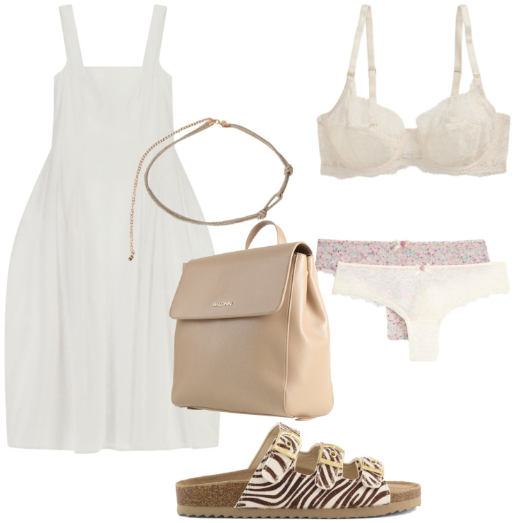 Outfit donna - Giornate calde in città. Stile Casual per Ufficio. Abbinamento con zaini, culotte, vestiti midi/longuette, cinture, reggiseni, sandali in pelle.