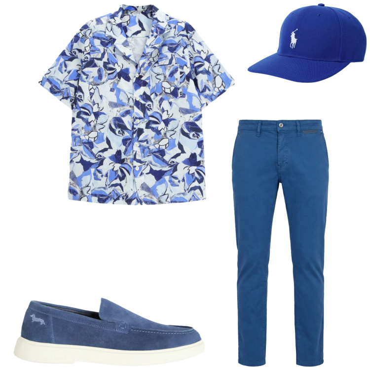 Outfit uomo - Colori del mare. Stile Casual per Mare. Abbinamento con pantaloni, scarpe stringate, cappelli con visiera, camicie a manica corta.