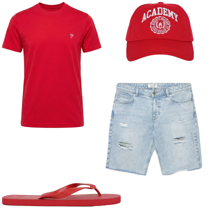 Outfit uomo - Colori accesi. Stile Casual per Mare. Abbinamento con t-shirt, cappelli, shorts, sandali.