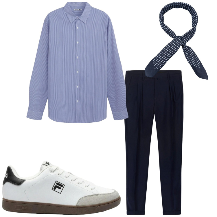 Outfit uomo - Luglio. Stile Business/Elegante per Ufficio. Abbinamento con sneakers, camicie, pantaloni, sciarpe e foulard.
