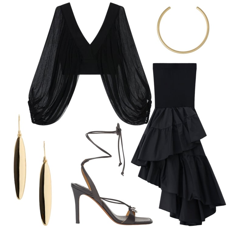 Outfit donna - Italian Summer. Stile Chic per Serata fuori. Abbinamento con top, gonne lunghe, sandali in pelle, orecchini, collane.