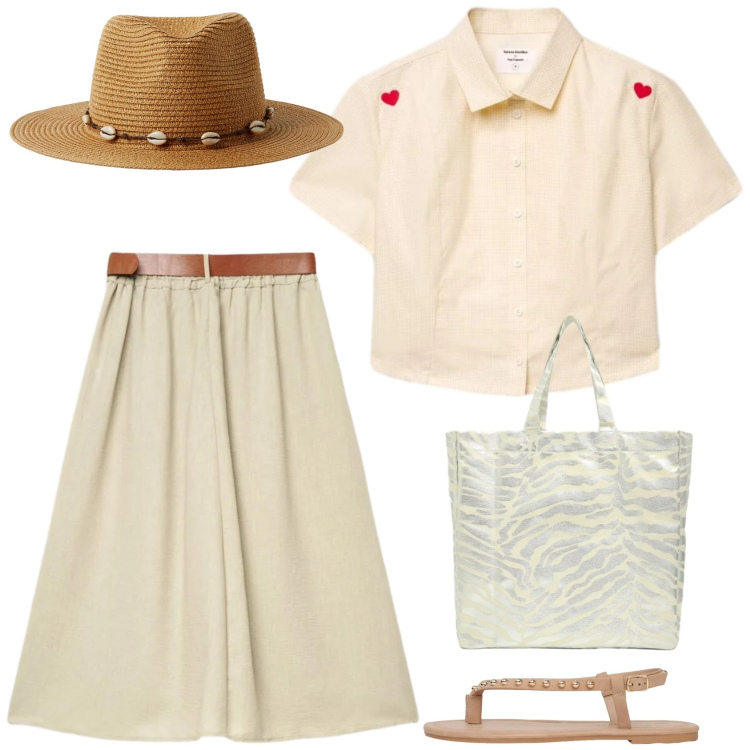 Outfit donna - Sotto questo sole. Stile Casual per Tutti i giorni. Abbinamento con cappelli, shopping bag, ciabatte, gonne lunghe, camicie a manica corta.