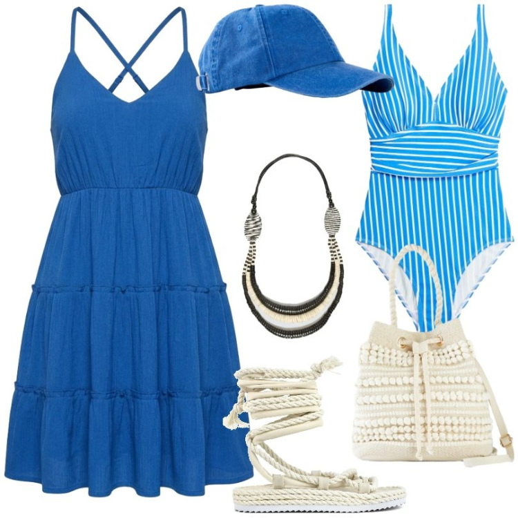 Outfit donna - Blu mare. Stile Casual per Mare. Abbinamento con costumi interi, cappelli con visiera, borse a secchiello, vestiti corti, collane, sandali.