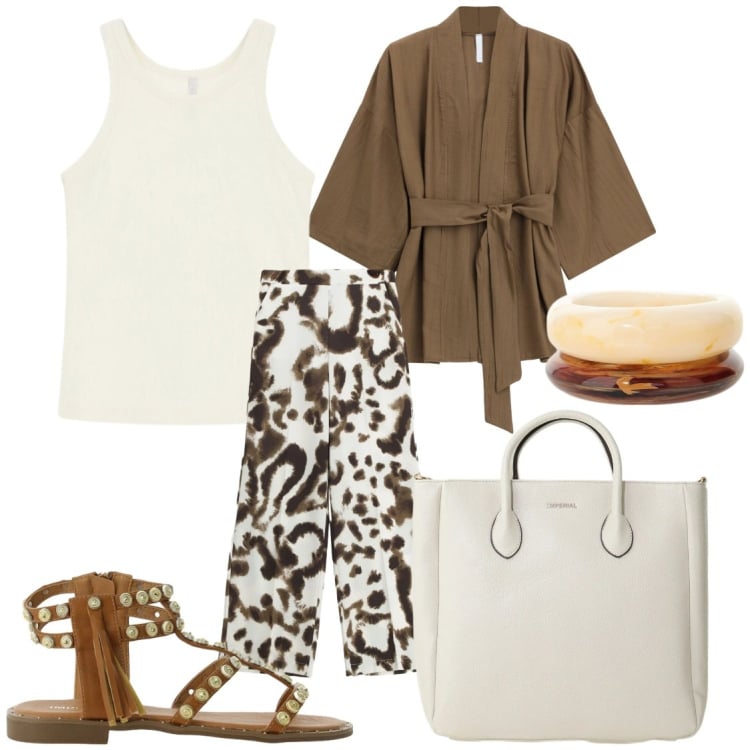 Outfit donna - Kimono style. Stile Urban per Tutti i giorni. Abbinamento con braccialetti, pantaloni a palazzo, trench, sandali, borse a tracolla, top.