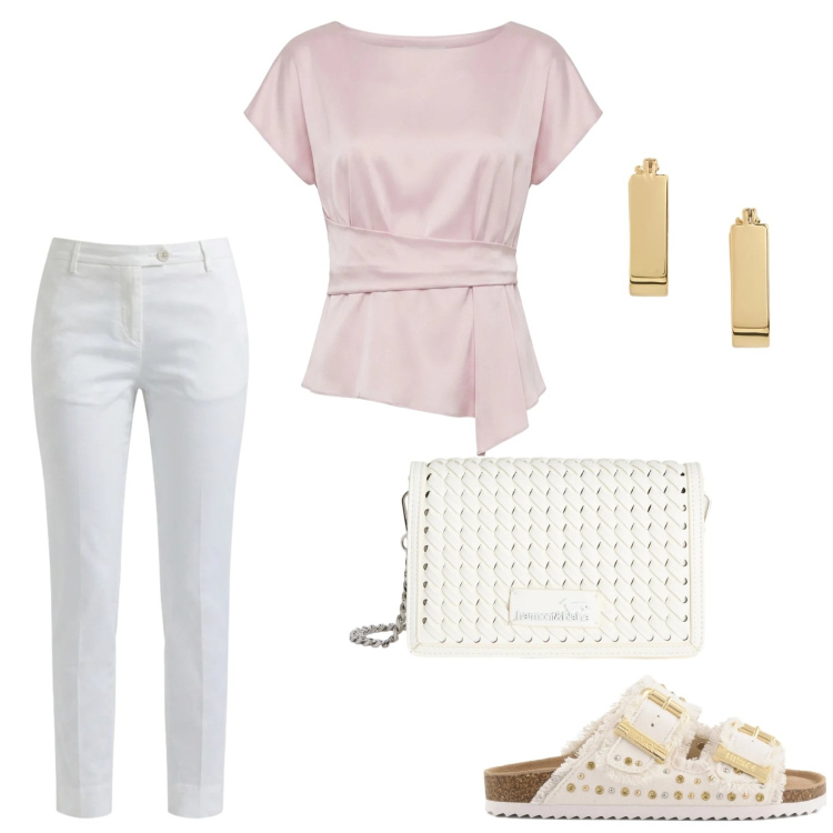Outfit donna - Tra sportività ed eleganza. Stile Sporty chic per Tutti i giorni. Abbinamento con pantaloni, borse a tracolla, orecchini, bluse, sandali.