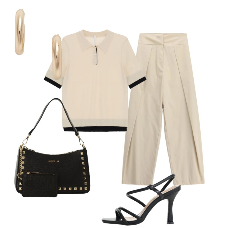 Outfit donna - Per l’aperitivo …tacchi a spillo!. Stile Minimal per Serata fuori. Abbinamento con polo, borse a spalla, sandali col tacco, pantaloni a palazzo, orecchini.