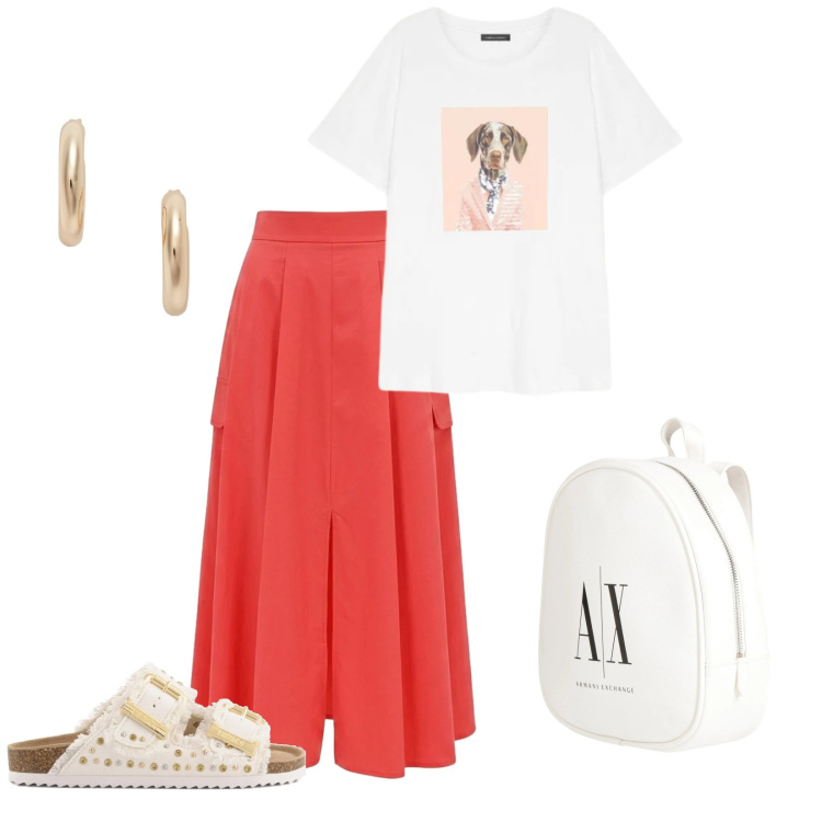 Outfit donna - Passeggiata in città con le amiche. Stile Casual per Tutti i giorni. Abbinamento con zaini, gonne lunghe, t-shirt, orecchini, sandali.
