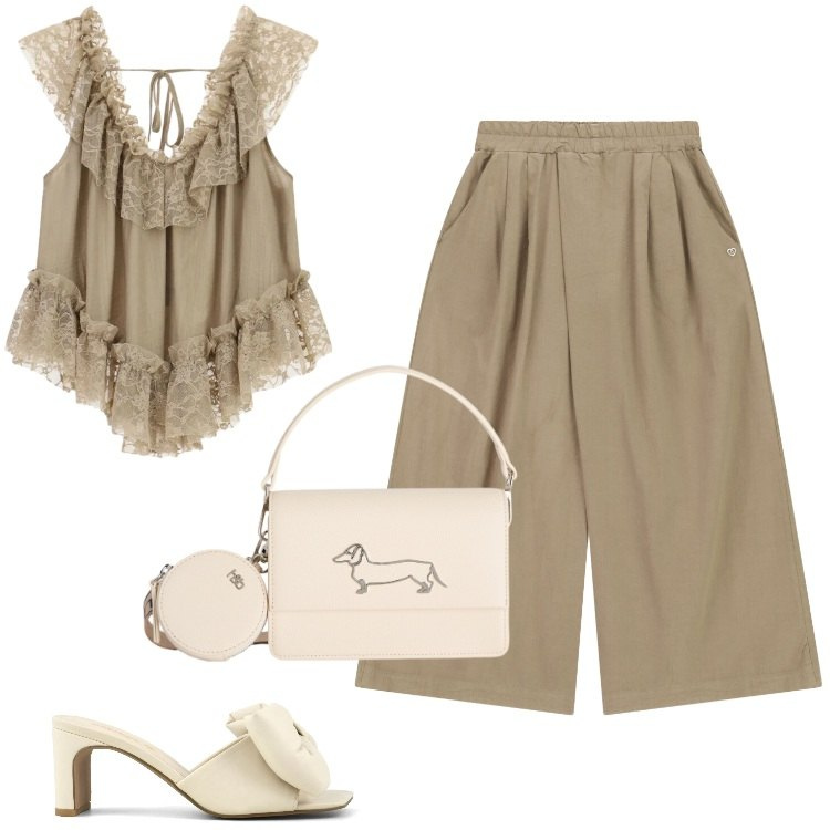 Outfit donna - Total look #2430000. Stile Boho per Tutti i giorni. Abbinamento con borse a tracolla, top, pantaloni a palazzo, sandali col tacco.