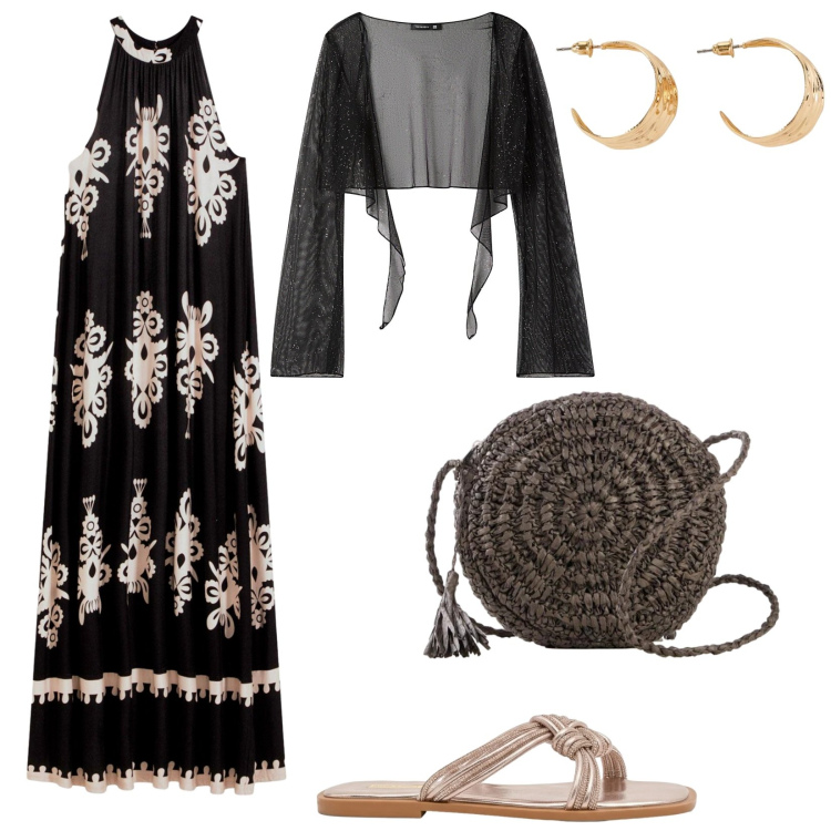 Outfit donna - Viaggio in Marocco. Stile Etnico per Serata fuori. Abbinamento con vestiti, borse a tracolla, orecchini, blazer, sandali.