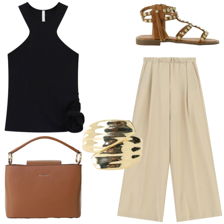 Outfit donna - Daily look. Stile Casual chic per Tutti i giorni. Abbinamento con pantaloni a palazzo, borse a secchiello, top, sandali, anelli.