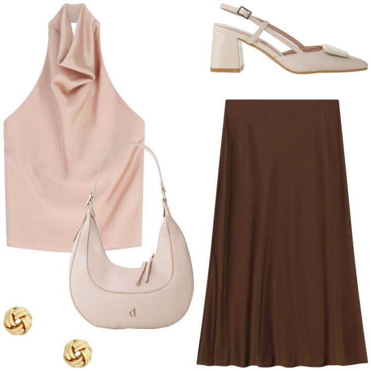 Outfit donna - Serata fuori. Stile Chic per Serata fuori. Abbinamento con top, gonne longuette, décolleté, borse a tracolla, orecchini.