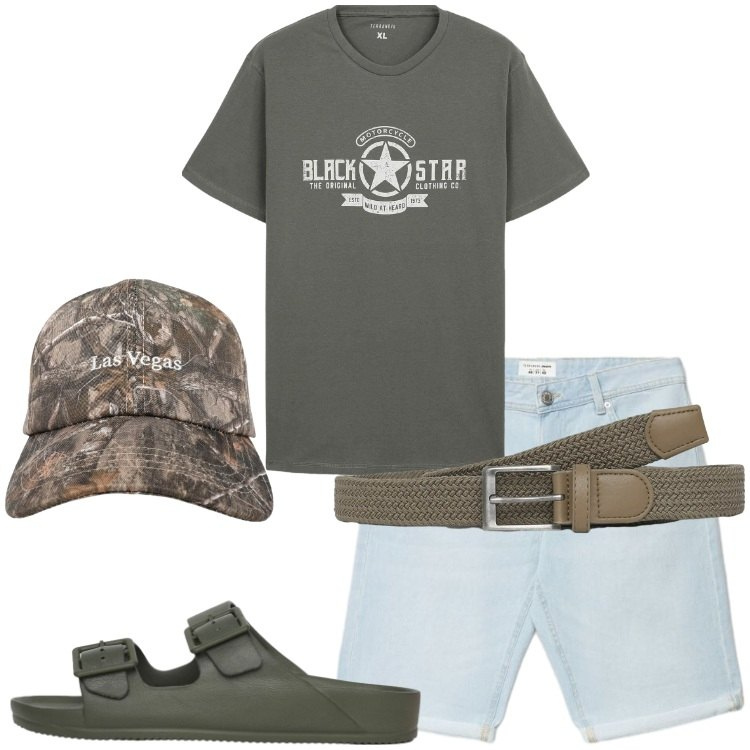 Outfit uomo - Military mood. Stile Trendy per Tutti i giorni. Abbinamento con t-shirt, cinture, cappelli con visiera, sandali, shorts.